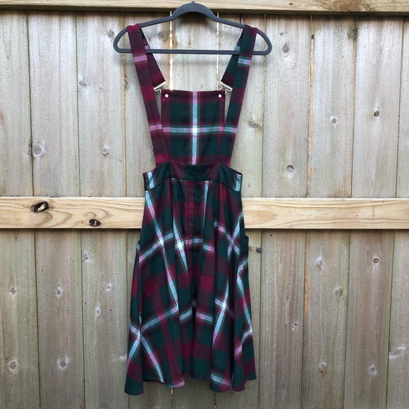 Collectif Kayden Festive Check Dungaree Dress Size XS Red Green Plaid Pinafore - Picture 7 of 14